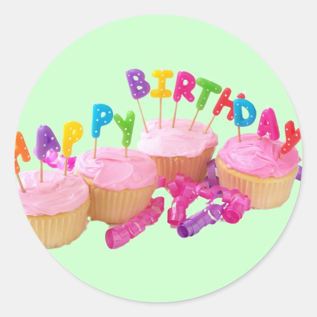 Happy Birthday Cupcake and Candles Classic Round Sticker (Front)