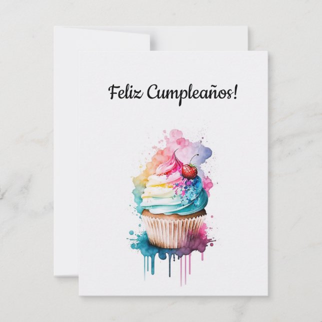 Happy Birthday Cupcake Card In Spanish (Front)