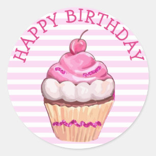 Happy Birthday Cupcake Stickers pink and white