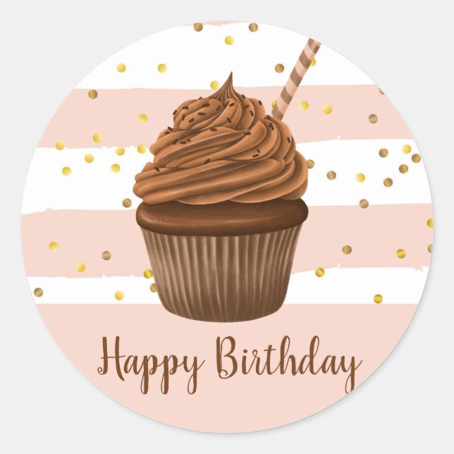 Happy Birthday Cupcake Stripes Glitter Sticker (Front)