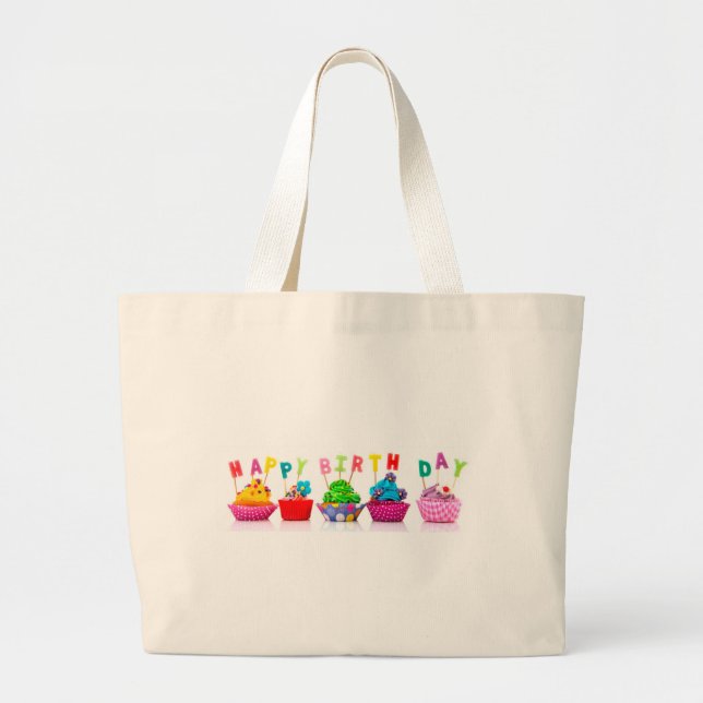Happy Birthday Cupcakes Large Tote Bag (Front)