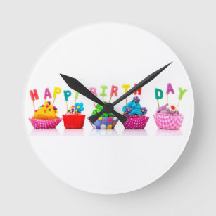 Happy Birthday Cupcakes Round Clock