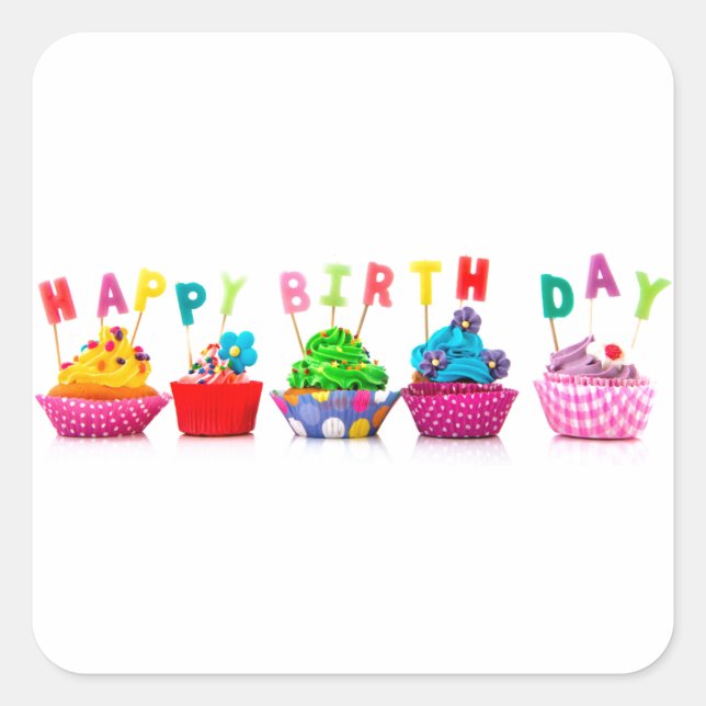 Happy Birthday Cupcakes Square Sticker (Front)