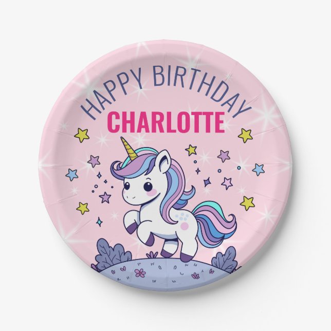 Happy Birthday Custom Magical Unicorn Paper Plate (Front)
