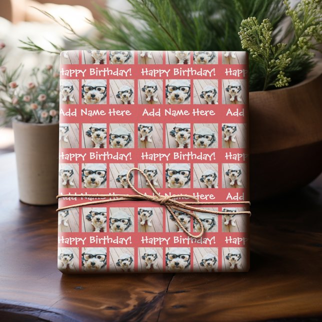 Happy Birthday Custom Name 6 Square Photo Collage Wrapping Paper (Personalized Birthday Photo Wrapping Paper)