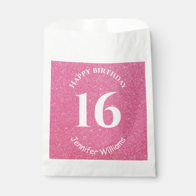 Happy Birthday Custom Name Age Year Pink Glitter Favour Bags (Front)