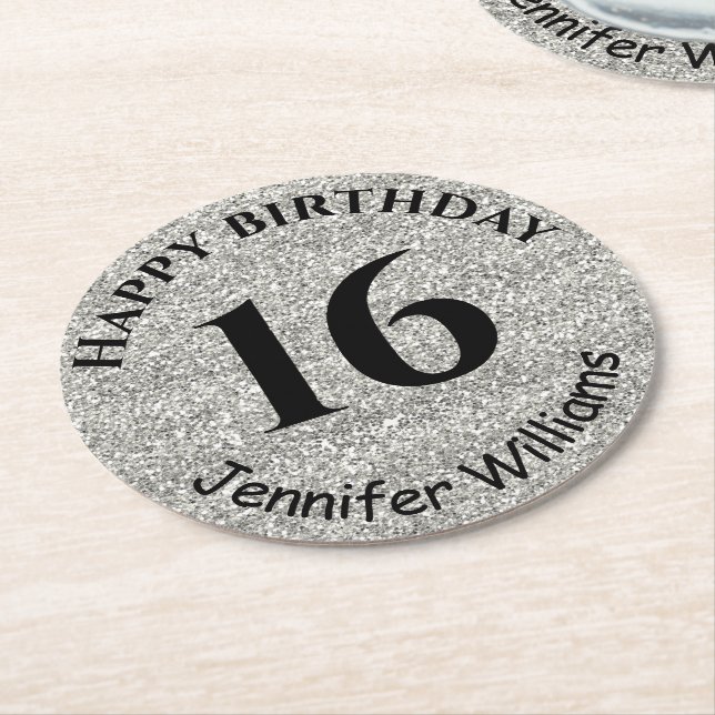 Happy Birthday Custom Name Age Year Silver Glitter Round Paper Coaster (Angled)