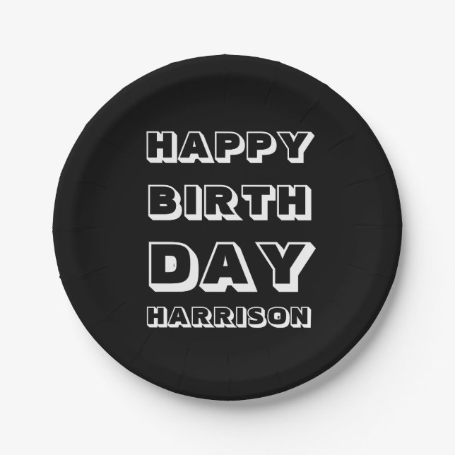 Happy Birthday Custom Name black white Modern Paper Plate (Front)