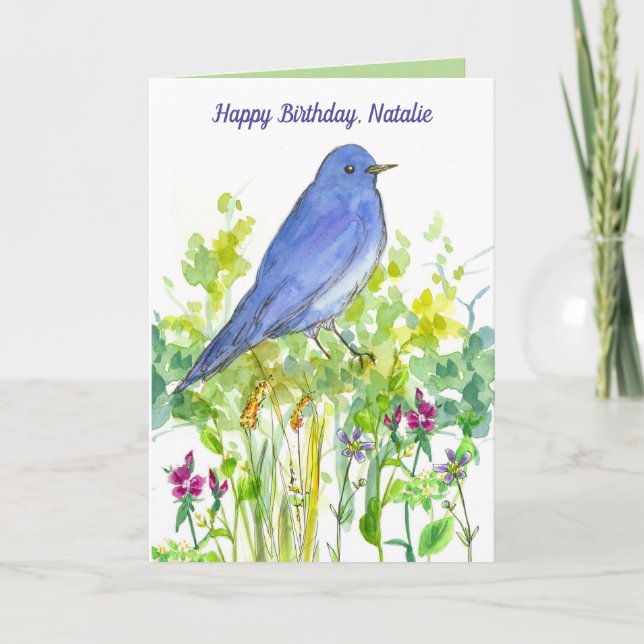 Happy Birthday Custom Name Bluebird Wildflowers Card (Front)