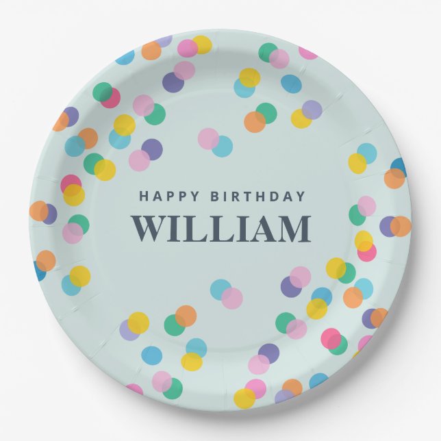 Happy Birthday Custom Name Confetti Mint Green Paper Plate (Front)