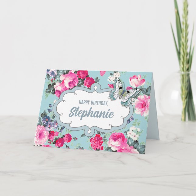 Happy Birthday. Custom Name | Flowers & Butterfly Card (Front)