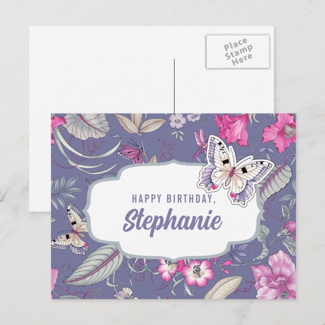 Happy Birthday. Custom Name | Flowers & Butterfly Postcard (Front/Back)