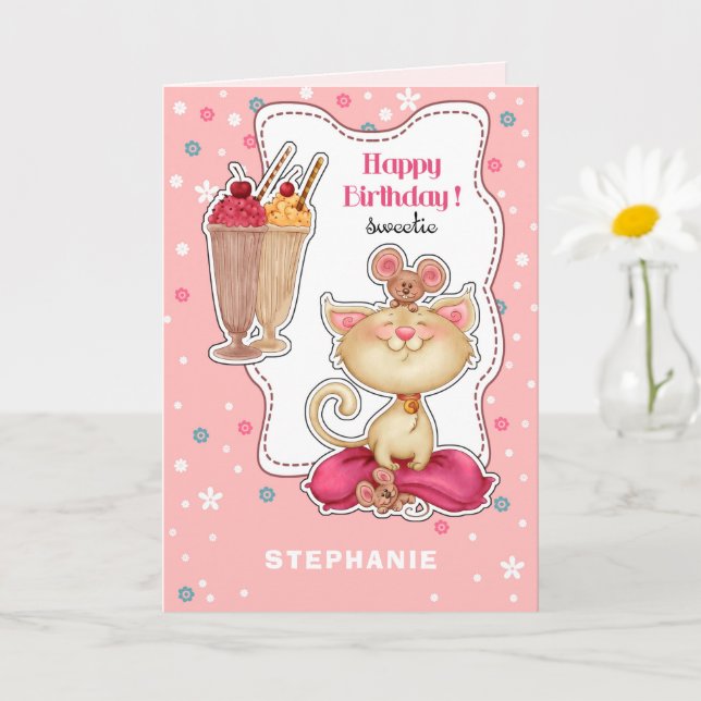 Happy Birthday.Custom Name | Funny Kitty and Mice Card (Small Plant)