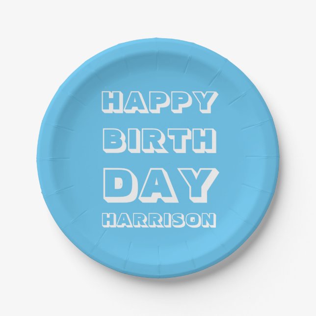Happy Birthday Custom Name light blue Modern Paper Plate (Front)