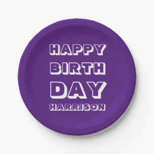 Happy Birthday Custom Name purple Modern Paper Plate