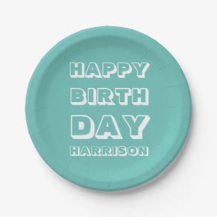 Happy Birthday Custom Name teal white Modern Paper Plate