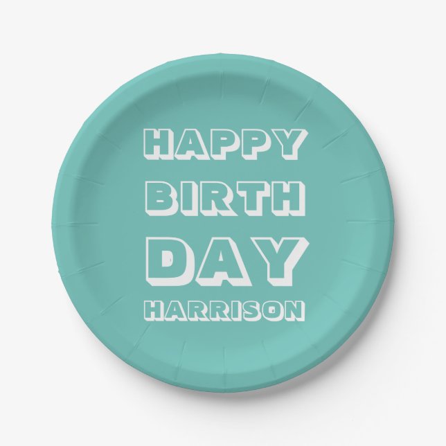 Happy Birthday Custom Name teal white Modern Paper Plate (Front)