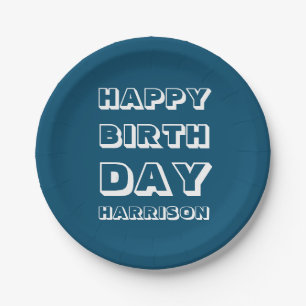 Happy Birthday Custom Name teal white Paper Plate