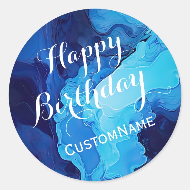 Happy Birthday Custom Personalised Name Blue Classic Round Sticker (Front)
