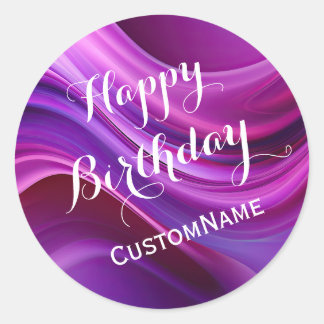 Happy Birthday Custom Personalised Name Purple Classic Round Sticker