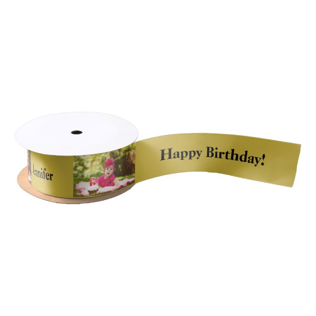 Happy Birthday Custom Photo and name Gold & Black  Satin Ribbon (Spool)
