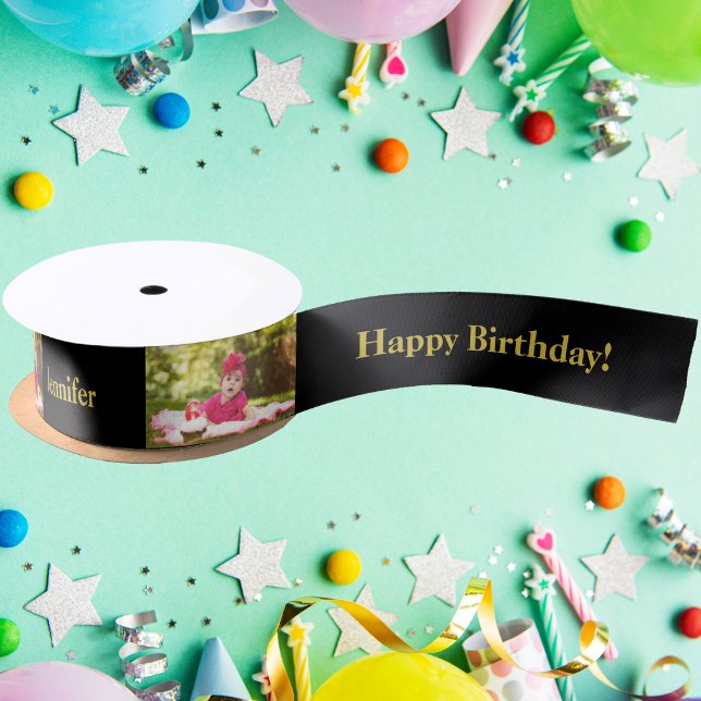 Happy Birthday Custom Photo and name Gold & Black  Satin Ribbon (Creator Uploaded)