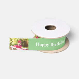 Happy Birthday Custom Photo and name Green & White Satin Ribbon