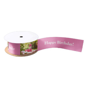 Happy Birthday Custom Photo and name white & Pink Satin Ribbon