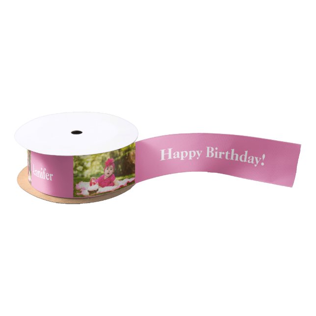 Happy Birthday Custom Photo and name white & Pink Satin Ribbon (Spool)