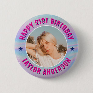 Happy Birthday Custom Photo Iridescent Rainbow 6 Cm Round Badge