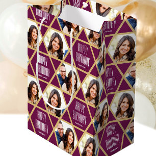 Happy Birthday Custom Photo Name Star Pattern Plum Medium Gift Bag