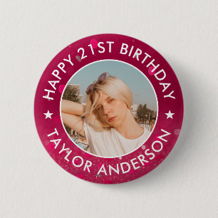 Happy Birthday Custom Photo Pink Confetti 6 Cm Round Badge