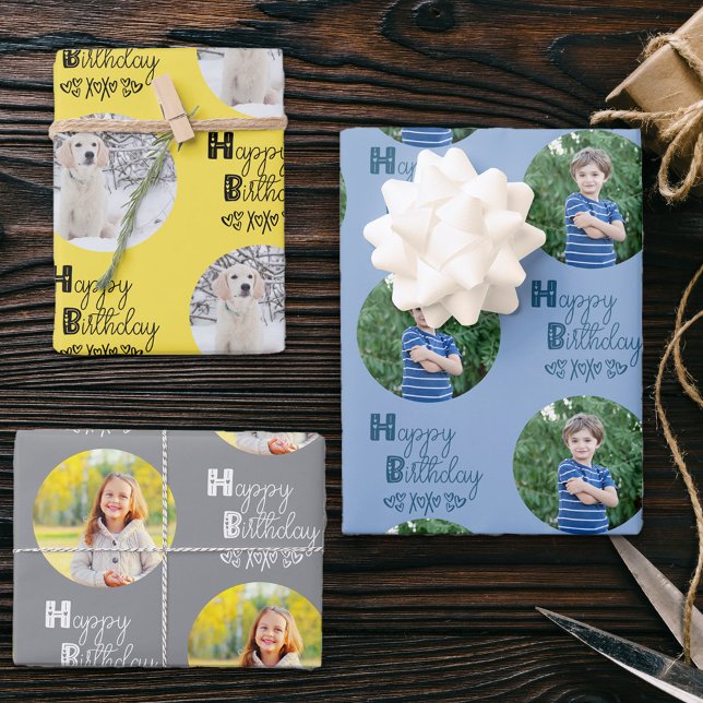 Happy Birthday Custom Photo Set of 3 Blue Yellow Wrapping Paper Sheet (Creator Uploaded)