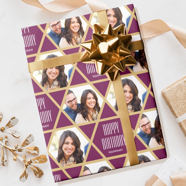 Happy Birthday Custom Photo Star Pattern Plum Wrapping Paper (Creator Uploaded)