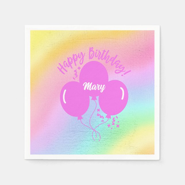 Happy Birthday Custom Rainbow Hot Pink Balloons Napkin (Front)