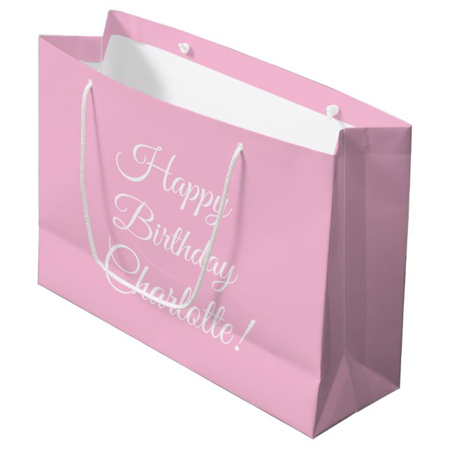 Happy Birthday custom script name text light pink Large Gift Bag (Front Angled)