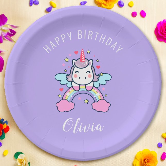 Happy Birthday Custom Text Cute Rainbow Unicorn Paper Plate (Creator Uploaded)