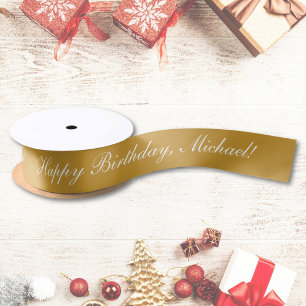 Happy Birthday Custom Text Gold Chic Satin Ribbon