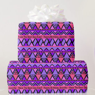 Happy Birthday Custom Text & Name Pink Purple Wrapping Paper