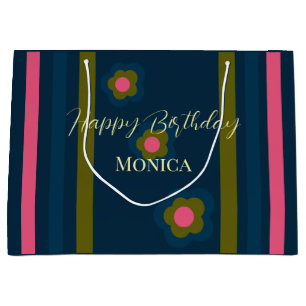 Happy birthday Custom text navy blue & Hot pink Large Gift Bag