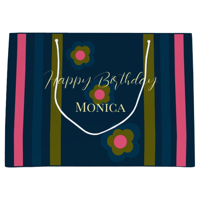 Happy birthday  Custom text navy blue & Hot pink Large Gift Bag (Front)