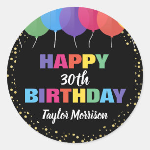 Happy Birthday Custom Year Name Colourful Balloons Classic Round Sticker