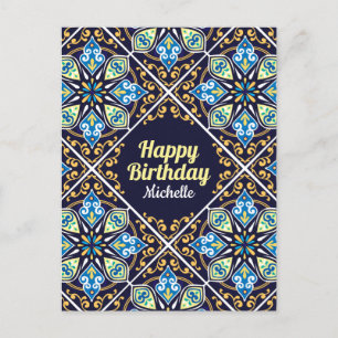Happy Birthday customisable blue Azulejos Postcard