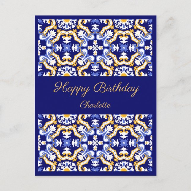 Happy Birthday customisable blue Azulejos  Postcard (Front)