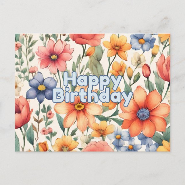 Happy Birthday Cute Abstract Watercolor Flowers  Postcard (Front)