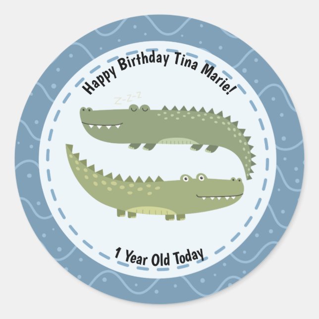 Happy Birthday Cute Alligators Zoo Animals Classic Round Sticker (Front)
