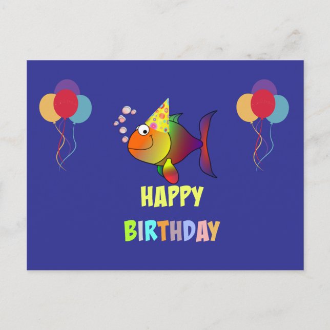 Happy birthday, cute and colourful cartoon fish postcard (Front)