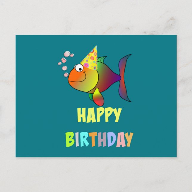 Happy birthday, cute and colourful cartoon fish postcard (Front)