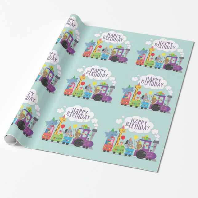 Happy Birthday Cute Animal Train Wrapping Paper (Unrolled)