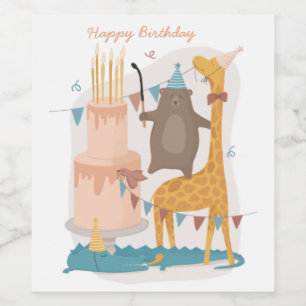Happy birthday. Cute animals. Funny bear giraffe  Wine Label